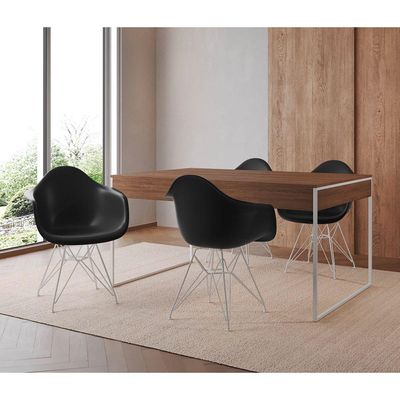 Mesa Jantar Industrial Amêndoa 137X90Cm Com 4 Poltronas Pretas Base Ferro Br Cor: Amendoa