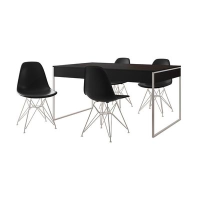 Mesa Jantar Industrial Retangular Preta 137X90Cm Com 4 Cadeiras Pretas Base Ferro B Cor: Preto