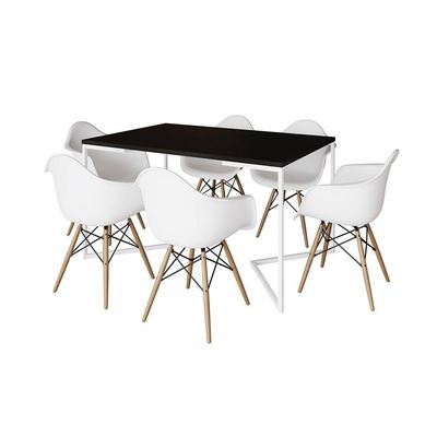 Mesa Jantar Industrial Retangular Preta 137X90Cm Base V Ferro Branco C/6 Poltronas Branca M Preto