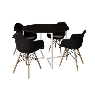 Mesa Jantar Industrial Preta 110Cm Redonda Base V Ferro Branco C/4 Poltronas Pretas Madeira Preto