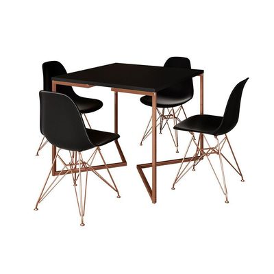 Mesa Jantar Industrial Quadrada 90Cm Preta Base Cobre V Com 4 Cadeiras Pretas Pés Cobre Cor: Preto