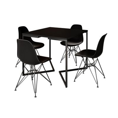 Mesa Jantar Industrial Quadrada 90Cm Preta Base V Com 4 Cadeiras Pretas Ferro Preto Cor: Preto