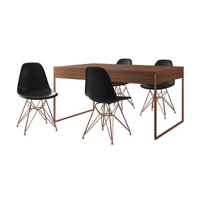 Mesa Jantar Industrial Retangular Amêndoa 137X90Cm Com 4 Cadeiras Pretas Base Cobre Cor: Amendoa