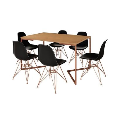 Mesa Jantar Industrial Retangular 137X90Cm Canela Base V Com 6 Cadeiras Pretas Base Cob Cor: Canela