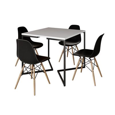 Mesa Jantar Industrial Branca Quadrada 90X90 Base V Ferro Preto Com 4 Cadeiras Pretas M Cor: Branco