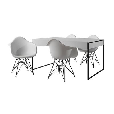 Mesa Jantar Industrial Branca 137X90Cm Com 4 Poltronas Brancas Base Ferro Pr Cor: Branco