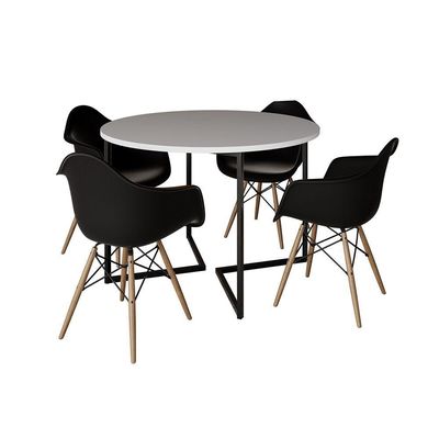 Mesa Jantar Industrial Branca 110Cm Redonda Base V Ferro Preto C/4 Poltronas Pretas Madeira Branco