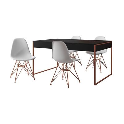 Mesa Jantar Industrial Retangular Preta 137X90Cm Com 4 Cadeiras Brancas Base Cobre Cor: Preto
