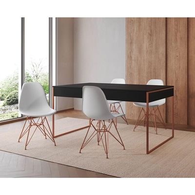 Mesa Jantar Industrial Retangular Preta 137X90Cm Com 4 Cadeiras Brancas Base Cobre Cor: Preto