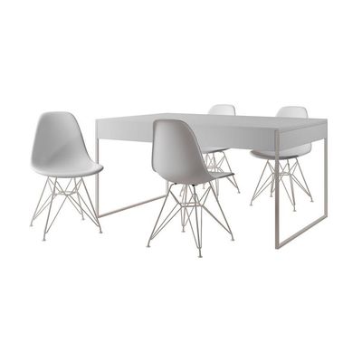 Mesa Jantar Industrial Retangular Branca 137X90Cm Com 4 Cadeiras Brancas Base Ferro Cor: Branco