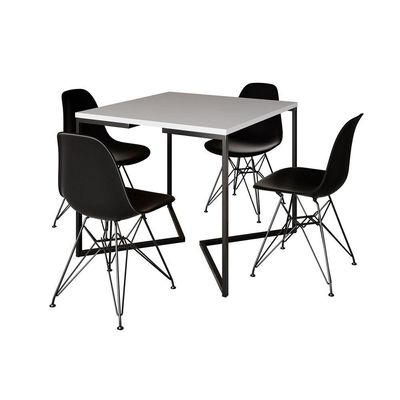 Mesa Jantar Industrial Quadrada 90Cm Branca Base V Com 4 Cadeiras Pretas Ferro Preto Cor: Branco