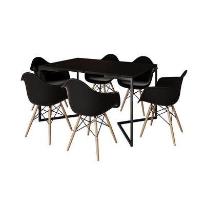 Mesa Jantar Industrial Preta Retangular 137X90Cm Base V Ferro Preto Com 6 Poltronas Pre Cor: Preto
