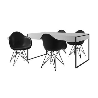 Mesa Jantar Industrial Branca 137X90Cm Com 4 Poltronas Pretas Base Ferro Pre Cor: Branco