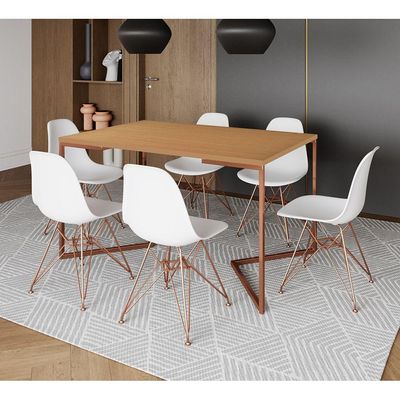 Mesa Jantar Industrial Retangular 137X90Cm Canela Base V Com 6 Cadeiras Brancas Base Co Cor: Canela