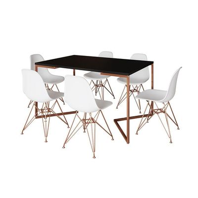 Mesa Jantar Industrial Retangular 137X90Cm Preta Base V Com 6 Cadeiras Brancas Base Cob Cor: Preto