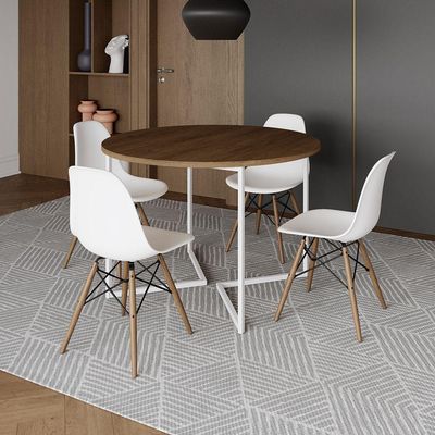 Mesa Jantar Industrial Redonda 110Cm Amêndoa Base V Ferro Branco C/4 Cadeiras Branca Base Ma Amendoa