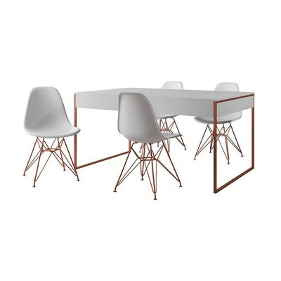 Mesa Jantar Industrial Retangular Branca 137X90Cm Com 4 Cadeiras Brancas Base Cobre Cor: Branco
