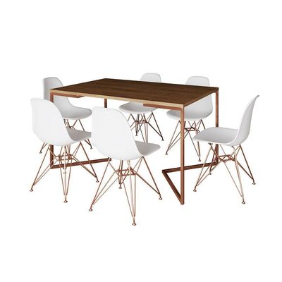Mesa Jantar Industrial Retangular 137X90Cm Amêndoa Base V C/6 Cadeiras Brancas Base C Cor: Amendoa