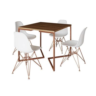 Mesa Jantar Industrial Quadrada 90Cm Amêndoa Base Cobre V C/4 Cadeiras Brancas Pés Co Cor: Amendoa
