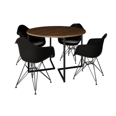 Mesa Industrial Jantar Redonda 110Cm Amêndoa Base V Com 4 Poltronas Pretas Ferro Preto Amendoa