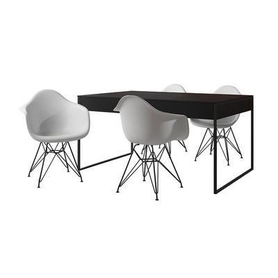 Mesa Jantar Industrial Preta 137X90Cm Com 4 Poltronas Brancas Base Ferro Pre Cor: Preto