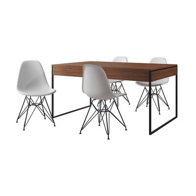 Mesa Jantar Industrial Retangular 137X90Cm Amêndoa Com 4 Cadeiras Brancas Base Ferr Cor: Amendoa