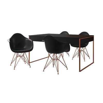 Mesa Jantar Industrial Preta 137X90Cm Com 4 Poltronas Pretas Base Cobre Cor: Preto