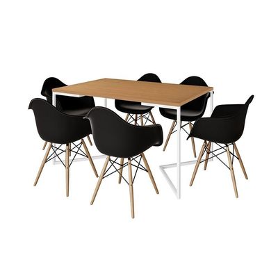 Mesa Jantar Industrial Retangular Canela 137X90Cm Base V Ferro Branco C/6 Poltronas Preta Ma Canela