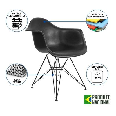 Mesa Industrial Jantar Redonda 110Cm Amêndoa Base V Com 4 Poltronas Pretas Ferro Preto Amendoa