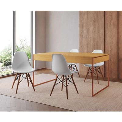 Mesa Jantar Industrial Retangular Canela 137X90Cm Base Cobre Com 4 Cadeiras Brancas Cor: Canela