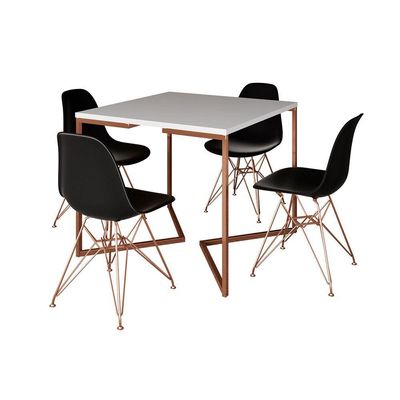 Mesa Jantar Industrial Quadrada 90Cm Branca Base Cobre V Com 4 Cadeiras Pretas Pés Cobr Cor: Branco