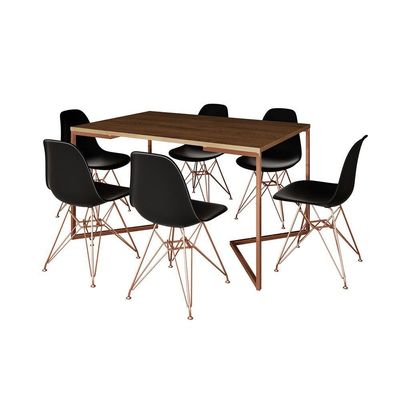 Mesa Jantar Industrial Retangular 137X90Cm Amêndoa Base V C/6 Cadeiras Pretas Base Co Cor: Amendoa
