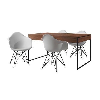 Mesa Jantar Industrial Amêndoa 137X90Cm Com 4 Poltronas Brancas Base Ferro P Cor: Amendoa