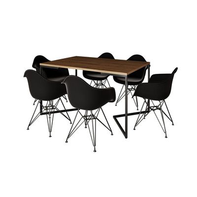 Mesa Jantar Industrial Retangular Amêndoa 137X90Cm Base V C/6 Poltronas Pretas Ferro Cor: Amendoa