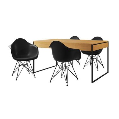 Mesa Jantar Industrial Canela 137X90Cm Com 4 Poltronas Pretas Base Ferro Pre Cor: Canela