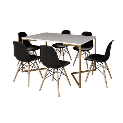 Mesa Jantar Industrial Retangular 137X90Cm Branca Base V Dourada Com 6 Cadeiras Madeira Cor: Branco