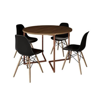 Mesa Jantar Industrial Redonda 110Cm Amêndoa Base V Cobre C/4 Cadeiras Preta Base Madeira Amendoa