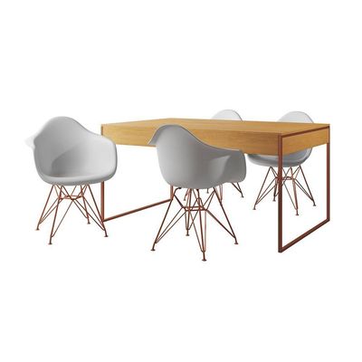 Mesa Jantar Industrial Canela 137X90Cm Com 4 Poltronas Brancas Base Cobre Cor: Canela