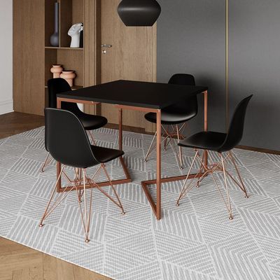 Mesa Jantar Industrial Quadrada 90Cm Preta Base Cobre V Com 4 Cadeiras Pretas Pés Cobre Cor: Preto