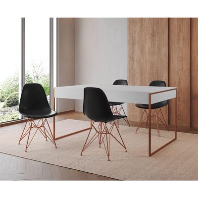 Mesa Jantar Industrial Retangular Branca 137X90Cm Com 4 Cadeiras Pretas Base Cobre Cor: Branco