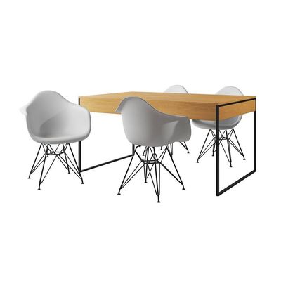 Mesa Jantar Industrial Canela 137X90Cm Com 4 Poltronas Brancas Base Ferro Pr Cor: Canela