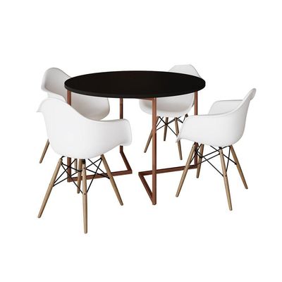 Mesa Jantar Industrial Preta 110Cm Redonda Base V Cobre Com 4 Poltronas Brancas Madeira Cor: Preto