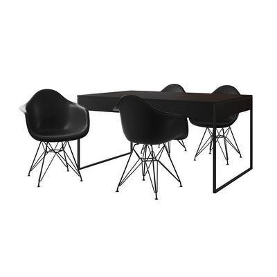 Mesa Jantar Industrial Preta 137X90Cm Com 4 Poltronas Pretas Base Ferro Pret Cor: Preto