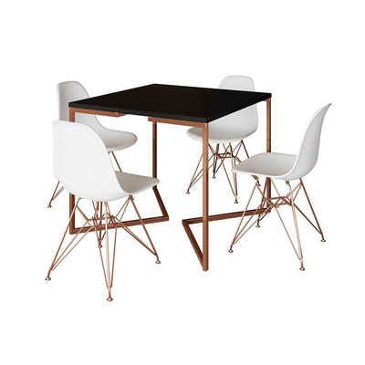 Mesa Jantar Industrial Quadrada 90Cm Preta Base Cobre V Com 4 Cadeiras Brancas Pés Cobr Cor: Preto