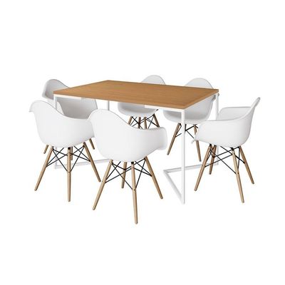 Mesa Jantar Industrial Retangular Canela 137X90Cm Base V Ferro Branco C/6 Poltronas Branca Canela