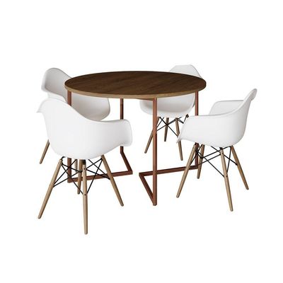 Mesa Jantar Industrial Amêndoa 110Cm Redonda Base V Cobre C/4 Poltronas Brancas Madeira Amendoa