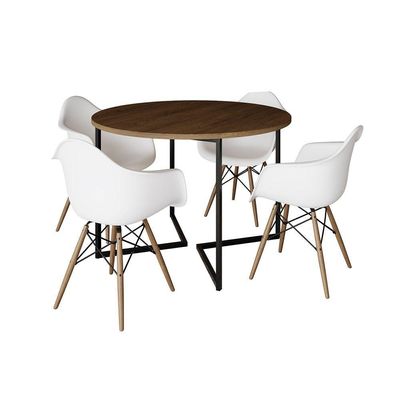 Mesa Jantar Industrial Amêndoa 110Cm Redonda Base V Ferro Preto C/4 Poltronas Brancas Madei Amendoa
