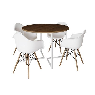 Mesa Jantar Industrial Amêndoa 110Cm Redonda Base V Ferro Branco C/4 Poltronas Brancas Made Amendoa