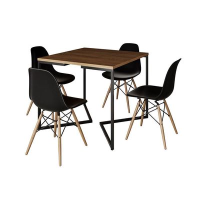Mesa Jantar Industrial Amêndoa Quadrada 90X90 Base V Ferro Preto C/4 Cadeiras Pretas Cor: Amendoa