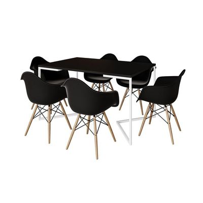 Mesa Jantar Industrial Retangular Preta 137X90Cm Base V Ferro Branco C/6 Poltronas Preta Mad Preto